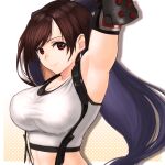  1girl armpits arms_up bangs breasts brown_hair commentary_request earrings elbow_pads final_fantasy final_fantasy_vii highres izawa_koushi jewelry large_breasts long_hair looking_at_viewer polka_dot polka_dot_background red_eyes shirt smile solo stretch suspenders suspenders_gap tank_top taut_clothes taut_shirt tifa_lockhart upper_body white_shirt white_tank_top 