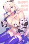  1girl animal_ears animal_print azur_lane belfast_(azur_lane) bikini blue_eyes blue_footwear blue_gloves blue_legwear boots breasts chain collar commentary_request cow_ears cow_horns cow_print detached_sleeves eyebrows_visible_through_hair eyes_visible_through_hair fake_animal_ears fake_horns gloves gradient gradient_background grey_background happy_new_year high_heel_boots high_heels highres horns large_breasts long_hair looking_at_viewer milk navel new_year nipple_piercing piercing sitting solo supurai swimsuit thigh-highs thigh_boots wariza white_hair 