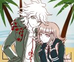  1boy 1girl backpack bag bangs beach black_jacket brown_hair coat collarbone commentary dangan_ronpa_(series) dangan_ronpa_2:_goodbye_despair dress_shirt english_commentary eyebrows_visible_through_hair flipped_hair green_coat hair_ornament hairclip hand_in_pocket hand_up hood hood_down jacket komaeda_nagito kurokku-tokei long_sleeves looking_at_viewer medium_hair nanami_chiaki neck_ribbon ocean official_style pale_skin palm_tree pink_bag print_shirt ribbon shirt sketch sleeves_past_wrists smile spaceship_hair_ornament tree upper_body white_shirt 