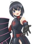  1girl :d absurdres ahoge armor armored_skirt bangs bare_shoulders black_armor black_gloves black_hair bob_cut breastplate commentary elbow_gloves gloves hair_between_eyes hair_ornament head_tilt highres holding holding_shield itai_no_wa_iya_nano_de_bougyoryoku_ni_kyokufuri_shitai_to_omoimasu light_blush looking_at_viewer maple_(bofuri) nao_suke open_hand open_mouth outstretched_arm outstretched_hand panties panty_peek reaching_towards_viewer red_gloves red_panties red_shirt shield shirt short_hair simple_background sleeveless sleeveless_turtleneck smile solo standing tower_shield turtleneck underwear upper_body violet_eyes white_background 