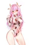  1girl absurdres animal_ears animal_print ass_visible_through_thighs blush breasts cow_ears cow_horns cow_print cowboy_shot extra_ears eyebrows_visible_through_hair green_eyes hair_between_eyes harigane_shinshi highres horns large_breasts leotard long_hair open_mouth original pink_hair pointy_ears ribbed_leotard solo white_background 