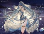  1girl anklet azura_(fire_emblem) bare_shoulders blue_hair bubble clouds cloudy_sky dress fingerless_gloves fire_emblem fire_emblem_fates gloves haru_(nakajou-28) highres jewelry long_hair necklace night partially_submerged side_slit sky sleeveless sleeveless_dress solo sunrise twitter_username veil very_long_hair water white_gloves white_legwear yellow_eyes 