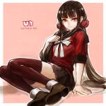  1girl arm_support bangs blunt_bangs brown_hair closed_mouth commentary_request copyright_name dangan_ronpa_(series) dangan_ronpa_v3:_killing_harmony dated hair_ornament hair_scrunchie hand_on_own_chest harukawa_maki long_hair looking_at_viewer low_twintails miniskirt mole mole_under_eye pleated_skirt red_eyes red_legwear red_scrunchie red_shirt school_uniform scrunchie serafuku shirt shoes sitting skirt solo tearing_up tears thigh-highs twintails uroko_(mnr) 