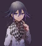  1boy arm_behind_back bangs black_hair checkered checkered_scarf closed_mouth commentary_request dangan_ronpa_(series) dangan_ronpa_v3:_killing_harmony finger_to_own_chin grey_jacket hair_between_eyes highres huyuharu0214 index_finger_raised jacket long_sleeves looking_at_viewer male_focus multicolored_hair ouma_kokichi pink_hair purple_hair scarf short_hair simple_background smile solo two-tone_hair upper_body violet_eyes 