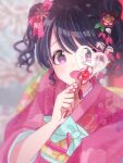  1girl artist_request black_hair blurry blurry_background bunny_hair_ornament commentary_request double_bun fangs flower fukumaru_koito hair_flower hair_ornament hair_ribbon idolmaster idolmaster_shiny_colors japanese_clothes kimono looking_at_viewer obi pink_kimono ribbon sash short_hair short_twintails skin_fangs solo twintails upper_body violet_eyes 