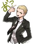  1boy artist_name black_jacket black_neckwear blonde_hair blush_stickers collared_shirt commentary_request cropped_torso dangan_ronpa_(series) dangan_ronpa_2:_goodbye_despair formal freckles hand_in_pocket hand_up index_finger_raised jacket jewelry kuzuryuu_fuyuhiko long_hair long_sleeves looking_at_viewer male_focus nagi_to_(kennkenn) necktie open_clothes open_jacket open_mouth ring shirt short_hair simple_background solo translation_request upper_body very_short_hair white_background yellow_eyes 