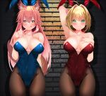  2girls absurdres ahoge animal_ears arm_up blonde_hair breasts fate/extra fate_(series) fishnet_legwear fishnets fox_ears fox_tail green_eyes highres large_breasts licking_lips long_hair multiple_girls nero_claudius_(fate) nero_claudius_(fate)_(all) pantyhose pink_hair playboy_bunny rabbit_ears sabi_(rupf2384) smile tail tamamo_(fate)_(all) tamamo_no_mae_(fate) tongue tongue_out yellow_eyes 