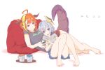  2girls ahoge alternate_costume amane_kanata angel asacoco bangs bare_legs barefoot bean_bag_chair black_shirt blonde_hair blue_eyes blue_hair blunt_bangs breasts cellphone colored_inner_hair commentary_request cuddling cup dolphin_shorts doukyo&#039;s dragon_girl dragon_horns dragon_tail eyebrows_visible_through_hair feet fingernails grey_shirt hair_between_eyes hair_ornament hairclip halo head_on_chest highlights highres holding holding_phone hololive horns kiryuu_coco long_hair looking_away lying lying_on_person mug multicolored multicolored_eyes multicolored_hair multiple_girls on_floor on_side orange_hair phone print_shirt red_eyes ringo_yadoku scales shirt short_hair short_shorts short_sleeves shorts silver_hair simple_background smartphone streaked_hair tail translation_request violet_eyes virtual_youtuber white_background 