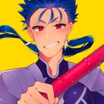  1boy absurdres armor beriko_(cr_beriko) blue_hair close-up cu_chulainn_(fate)_(all) earrings fang fate/stay_night fate_(series) floating_hair gae_bolg grin highres holding holding_polearm holding_weapon jewelry lancer long_hair looking_at_viewer male_focus pauldrons polearm ponytail red_eyes shoulder_armor simple_background slit_pupils smile solo spiky_hair type-moon weapon yellow_background 