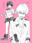  1boy 1girl bakugou_katsuki bangs boku_no_hero_academia breasts collarbone commentary_request freckles full_body genderswap genderswap_(mtf) hands_in_pockets highres jacket large_breasts long_sleeves looking_at_viewer midoriya_izuku mkm_(mkm_storage) monochrome open_mouth pink_background pleated_skirt school_uniform shirt shoes short_hair simple_background skirt spiky_hair surprised teeth translation_request u.a._school_uniform upper_teeth v-shaped_eyebrows 