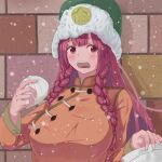  alternate_costume baozi braid china_dress chinese_clothes dress eating food fur_hat green_eyes hat hat_ornament hiw5477 hong_meiling long_hair redhead star_(symbol) star_hat_ornament the_embodiment_of_scarlet_devil touhou twin_braids winter 