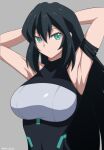  1girl :o arm_strap armpits arms_behind_head artist_name black_hair bodysuit breasts covered_navel grey_background gundam gundam_build_divers gundam_build_divers_re:rise hair_between_eyes highres kairi_(fotune) large_breasts long_hair looking_at_viewer may_(gundam_build_divers_re:rise) open_mouth skin_tight solo 