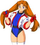 1girl arms_up belt blue_eyes blue_leotard brown_hair bunching_hair commentary_request cropped_jacket french_flag gloves highres jacket leotard long_hair namco numan_athletics oggy_(oggyoggy) red_gloves retro_artstyle sharon_les_halles simple_background smile solo thigh-highs thighs twintails very_long_hair white_background white_jacket white_legwear