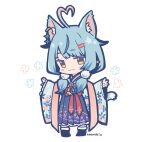  1girl :3 ahoge animal_ear_fluff animal_ears artist_name blue_hair blush cat_ears cat_tail chibi eyebrows_visible_through_hair floral_print full_body hair_ornament hairclip heart_ahoge hololive japanese_clothes kimono long_hair looking_at_viewer ninomae_ina&#039;nis_(artist) official_alternate_costume simple_background standing tail virtual_youtuber white_background wide_sleeves yellow_eyes yukihana_lamy 