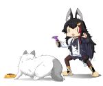  1girl animal_ear_fluff animal_ears black_hair cat hair_ornament hairclip highres hololive hood hoodie long_hair moroyan multicolored_hair ookami_mio open_mouth pantyhose redhead shears streaked_hair sweat taiga_(ookami_mio) tail virtual_youtuber white_background wolf_ears wolf_girl wolf_tail 