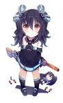  1girl absurdres bimmy black_dress black_hair blush character_doll detached_sleeves dress eyebrows_visible_through_hair from_above hair_between_eyes hair_ornament highres neptune_(series) red_eyes simple_background solo two_side_up uni_(neptune_series) white_background 