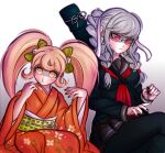  2girls bangs black_legwear black_skirt blonde_hair blush bow braid cat_hair_ornament commentary crazy_eyes crossed_legs dangan_ronpa_(series) dangan_ronpa_2:_goodbye_despair glasses gradient gradient_background green_bow grey_background grey_hair hair_bow hair_ornament hands_up height_difference japanese_clothes kimono ktokei_(kurokku-tokei) long_hair long_sleeves multiple_girls nail_polish nail_polish_bottle neckerchief orange_kimono pantyhose pekoyama_peko pink_eyes pink_hair pouty_lips red_eyes red_nails sailor_collar saionji_hiyoko school_uniform serafuku short_hair silver_hair sitting skirt twin_braids twintails weapon weapon_on_back 