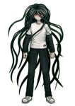  1boy bangs black_hair black_pants casual commentary commission dangan_ronpa_(series) dangan_ronpa_2:_goodbye_despair english_commentary full_body hair_between_eyes highres kamukura_izuru komatsuzaki_rui_(style) ktokei_(kurokku-tokei) long_hair long_sleeves looking_at_viewer male_focus official_style pants red_eyes second-party_source serious shaded_face shirt shoes short_over_long_sleeves short_sleeves simple_background sneakers standing very_long_hair white_background white_footwear white_shirt 