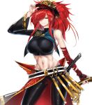  1girl absurdres belt breasts casul cosplay fate/grand_order fate_(series) hair_over_one_eye hat highres huge_filesize katana large_breasts long_hair midriff navel oda_kippoushi_(fate) oda_kippoushi_(fate)_(cosplay) oda_nobunaga_(fate)_(all) oda_nobunaga_(maou_avenger)_(fate) pants red_eyes redhead single_sleeve smile sword weapon white_background 