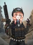  1girl 40mm_grenade absurdres assault_rifle baseball_cap blood commission commissioner_upload ear_protection eyeball girls_frontline grenade_launcher gun hat highres m203 m4_carbine m4_sopmod_ii m4_sopmod_ii_(girls_frontline) magazine_(weapon) mechanical_arms plate_carrier red_eyes rifle ruins trigger_discipline underbarrel_grenade_launcher weapon zap-nik 