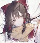  1girl adapted_costume arm_behind_head armpit_cutout armpit_peek ascot bow brown_eyes brown_hair chromatic_aberration clothing_cutout cropped_shoulders dutch_angle expressionless eyebrows_behind_hair flower fog frilled_bow frills hair_bow hair_tubes hakurei_reimu hand_up head_tilt highres hito_komoru holding light_blush light_particles long_sleeves looking_at_viewer medium_hair no_pupils outstretched_hand parted_lips petals ponytail portrait red_bow red_flower red_ribbon red_shirt ribbon ribbon-trimmed_sleeves ribbon_trim scarf shirt short_hair sidelocks solo sparkle stitches touhou white_flower white_sleeves wide_sleeves yellow_neckwear yellow_scarf 