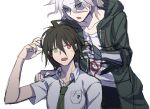  2boys ahoge bangs black_hair breast_pocket brown_eyes brown_hair coat collarbone collared_shirt commentary_request dangan_ronpa_(series) dangan_ronpa_2:_goodbye_despair green_coat green_eyes green_neckwear grey_hair hand_on_another&#039;s_shoulder hand_up heterochromia hinata_hajime hood hood_down hooded_coat komaeda_nagito looking_at_another male_focus mechanical_arm multiple_boys necktie open_mouth pocket print_shirt red_eyes shaded_face shirt short_sleeves simple_background sweatdrop upper_teeth white_background ziling 