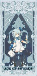  1girl absurdres ace_of_swords_(tarot) ahoge aqua_hair bangs bili_girl_33 bilibili_douga flat_chest full_body hair_ornament highres short_hair solo standing tarot 