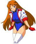 1girl belt blue_eyes blue_leotard brown_hair commentary_request cropped_jacket french_flag gloves highres jacket leotard long_hair namco numan_athletics oggy_(oggyoggy) one_eye_closed red_gloves retro_artstyle sharon_les_halles simple_background smile solo thigh-highs thighs very_long_hair white_background white_jacket white_legwear