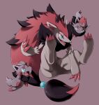  blue_eyes claws commentary_request fangs gen_5_pokemon hijirino_yuuta no_humans open_mouth pokemon pokemon_(creature) simple_background smile tied_hair zoroark zorua 