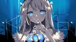 1girl absurdres amatsuka_uto asakura1540 bangs barbed_wire bare_shoulders blue_eyes blue_hair coat crown crown_removed fur-trimmed_coat fur_trim hair_ornament hairclip highres holding_crown indie_virtual_youtuber king_(vocaloid) limited_palette long_hair looking_at_viewer off_shoulder parody ribbon slit_pupils smile solo teeth upper_body virtual_youtuber 