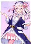  1girl absurdres akowazaki blue_cardigan book bow cardigan character_name fensi flower frilled_hood hair_bow hair_ornament highres holding holding_book hood hood_up looking_at_viewer open_mouth pink_flower pink_hair sephira_su smile violet_eyes virtual_youtuber x_hair_ornament 