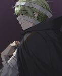  1boy alternate_costume amami_rantarou bandaged_arm bandaged_head bandages bangs black_cape cape commentary_request dangan_ronpa_(series) dangan_ronpa_v3:_killing_harmony dark_background earrings eyebrows_visible_through_hair eyes_visible_through_hair from_side gatobau gradient gradient_background green_hair highres jewelry looking_at_viewer male_focus profile short_hair solo upper_body 