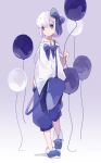  1girl absurdres balloon blue_bow blue_footwear blue_pants bow full_body hair_bow highres looking_at_viewer natsu-no-kamisama off-shoulder_shirt off_shoulder original pants purple_theme shirt shoes short_hair short_sleeves solo standing suspenders violet_eyes white_hair white_shirt 