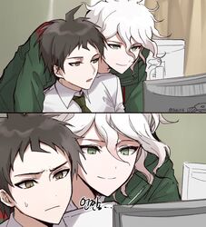  16_(0xhsk16) 2boys ahoge annoyed bangs brown_eyes brown_hair closed_mouth commentary_request computer dangan_ronpa_(series) dangan_ronpa_2:_goodbye_despair derivative_work frown green_eyes green_jacket green_neckwear hair_between_eyes hinata_hajime jacket komaeda_nagito male_focus medium_hair messy_hair monitor multiple_boys necktie open_mouth screencap_redraw shirt short_hair smile sweatdrop translation_request upper_body white_hair white_shirt 