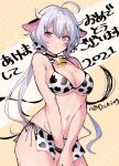  1girl ahoge animal_ears animal_print bell bikini blush breasts closed_mouth cow_ears cow_horns cow_print eyebrows_visible_through_hair fujisaki_(hjsk) hair_ornament hair_scrunchie highres horns large_breasts long_hair looking_at_viewer low_twintails navel scrunchie senki_zesshou_symphogear side-tie_bikini silver_hair sketch solo swimsuit symbol_commentary translation_request twintails twitter_username violet_eyes yukine_chris 