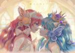  2girls a_yue absurdres aqua_eyes aqua_hair blue_eyes bow butterfly_hair_ornament commentary crescent_moon crown dress english_commentary floral_print frilled_dress frills glowing_petals hair_bow hair_ornament hatsune_miku headphones headset highres holding_hands imminent_kiss indoors looking_at_another magnet_(vocaloid) megurine_luka moon multiple_girls open_mouth petals pink_hair upper_body vocaloid white_dress yuri 