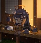  1girl :3 =_= backlighting black_eyes black_hair blush bright_pupils chibi detached_sleeves english_commentary guitar halo highres hololive hololive_english instrument music ninomae_ina&#039;nis open_mouth playing_instrument pointy_ears shiina_rei single_detached_sleeve single_thighhigh sitting sleeping smile solo_focus tako_(ninomae_ina&#039;nis) thigh-highs virtual_youtuber white_pupils 