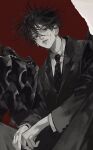  1boy artist_name bangs chair closed_mouth collared_shirt cowboy_shot dirty dirty_face dress_shirt formal fushiguro_megumi greyscale hair_between_eyes highres iotaectoplasm jacket jujutsu_kaisen long_sleeves looking_away male_focus messy_hair monochrome necktie pants red_background shirt short_hair sitting solo spiky_hair suit two-tone_background white_background 