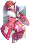 1girl facepaint floral_print gonzarez highres japanese_clothes jewelry kimono new_year pyra_(xenoblade) red_eyes redhead sandals short_hair solo xenoblade_chronicles_(series) 