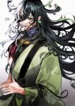  1boy ashiya_douman_(fate) asymmetrical_clothes asymmetrical_hair bell black_eyes black_hair curly_hair earrings fate/grand_order fate_(series) fingernails green_kimono hair_bell hair_between_eyes hair_intakes hair_ornament heterochromia japanese_clothes jewelry kimono kyouka_(exclamationmark) long_hair looking_at_viewer magatama magatama_earrings male_focus multicolored_hair open_clothes open_kimono own_hands_together red_eyes sharp_fingernails shikigami solo toned toned_male two-tone_hair upper_body very_long_fingernails very_long_hair white_hair 