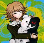  1boy bangs black_ribbon blue_background brown_hair closed_eyes commentary dangan_ronpa:_trigger_happy_havoc dangan_ronpa_(series) doll_hug fujisaki_chihiro green_background green_shirt hand_up holding hug ktokei_(kurokku-tokei) long_sleeves monokuma multicolored multicolored_background neck_ribbon official_style ribbon school_uniform shirt short_hair smile upper_body yellow_background 