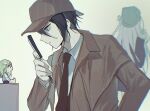  1boy 2girls akamatsu_kaede alternate_costume black_hair blonde_hair braid brown_eyes brown_jacket collared_shirt dangan_ronpa:_trigger_happy_havoc dangan_ronpa_(series) dangan_ronpa_v3:_killing_harmony deerstalker detective from_side gatobau hair_between_eyes hair_ornament hair_ribbon hat highres holding_magnifying_glass jacket kirigiri_kyouko long_sleeves looking_down minigirl multiple_girls musical_note_hair_ornament necktie profile purple_skirt red_neckwear ribbon saihara_shuuichi shirt short_hair single_braid skirt solo_focus striped_jacket trait_connection upper_body 