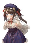  1girl absurdres bangs beret blue_eyes blue_headwear blue_skirt bow bowtie brown_hair center_frills collared_shirt commentary_request frilled_skirt frills hair_ornament hair_ribbon hat high-waist_skirt highres holding_strap hololive long_hair long_sleeves looking_at_viewer oozora_subaru red_ribbon ribbon shirt shuang_xiyu skirt solo stuffed_animal stuffed_bunny stuffed_toy tokoyami_towa twintails virtual_youtuber white_shirt x_hair_ornament younger 