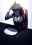  1boy absurdres ahoge arms_up bangs black_jacket black_neckwear blood brown_hair chair closed_eyes closed_mouth collared_shirt commentary_request crown dangan_ronpa_(series) dangan_ronpa_3_(anime) highres hinata_hajime jacket knife long_sleeves male_focus necktie official_alternate_costume pink_blood plate shirt short_hair simple_background sitting solo upper_body white_background white_shirt ziling 
