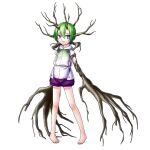  1girl barefoot closed_mouth full_body green_hair highres horns looking_at_viewer meltyhip monster_girl original oversized_forearms oversized_limbs plant_girl purple_shorts short_hair shorts solo transparent_background violet_eyes 