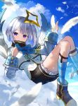  1girl amane_kanata angel angel_wings blue_bow blue_sky boots bow clouds day falling_feathers floating frilled_shorts frills hand_up high_collar highres hololive inari_(ambercrown) knees_up looking_at_viewer medium_hair multicolored_hair outdoors shorts silver_hair sky sock_garters socks solo streaked_hair violet_eyes virtual_youtuber wings 