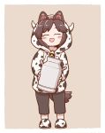  1girl ^_^ alternate_costume animal_ears animal_print bangs bell black_pants border bottle brown_hair brown_tail chinese_zodiac closed_eyes collarbone cow_hood cow_horns cow_print full_body holding horns imaizumi_kagerou long_sleeves milk_bottle open_mouth pants parted_bangs poronegi simple_background smile solo standing tail touhou white_border wolf_ears wolf_tail year_of_the_ox 
