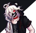  1boy alternate_costume alternate_eye_color animal_ears animal_hood bangs bear_ears black_background black_jacket black_shirt choker collarbone commentary cosplay covered_mouth dangan_ronpa_(series) dangan_ronpa_2:_goodbye_despair fake_animal_ears grey_eyes hair_between_eyes heterochromia hood hood_up hooded_jacket jacket ktokei_(kurokku-tokei) looking_at_viewer mask monokuma monokuma_(cosplay) mouth_mask open_clothes open_jacket print_shirt red_choker red_eyes red_ribbon ribbon ribbon-trimmed_clothes ribbon_trim shirt smile solo two-tone_background two-tone_jacket upper_body white_background white_hair white_jacket 