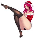  1girl absurdres artist_request bare_shoulders black_legwear blue_eyes capelet christmas dress feet feet_up fur-trimmed_capelet fur-trimmed_dress fur-trimmed_headwear fur_trim hat highres leg_up legs original panties pantyhose red_dress red_headwear redhead santa_costume santa_hat simple_background thigh-highs underwear white_background yellow_santa_costume 