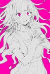 1girl apron bandages bangs commentary_request crying crying_with_eyes_open dangan_ronpa_(series) dangan_ronpa_2:_goodbye_despair floating_hair highres limited_palette long_hair looking_at_viewer messy_hair monochrome nurse own_hands_together pink_background pink_eyes puffy_short_sleeves puffy_sleeves shaded_face short_sleeves simple_background solo suzumetarou tears teeth tsumiki_mikan 